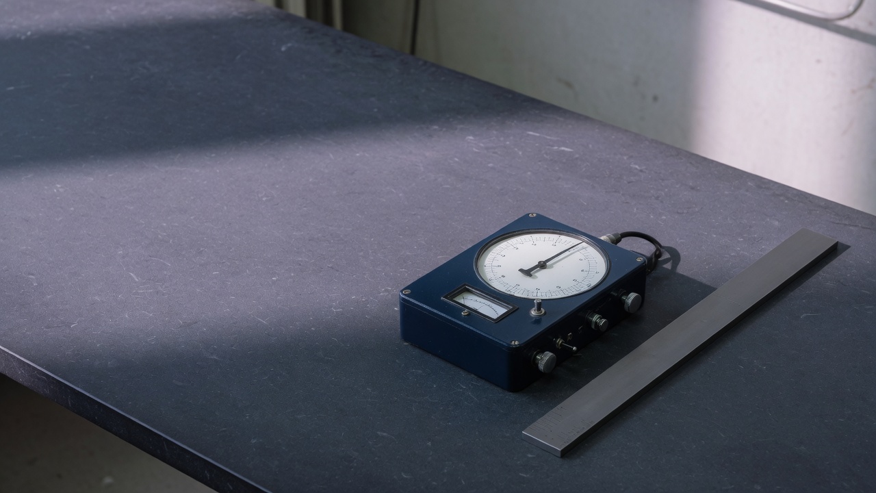 A precision analog instrument and a steel straightedge on a dark laboratory bench