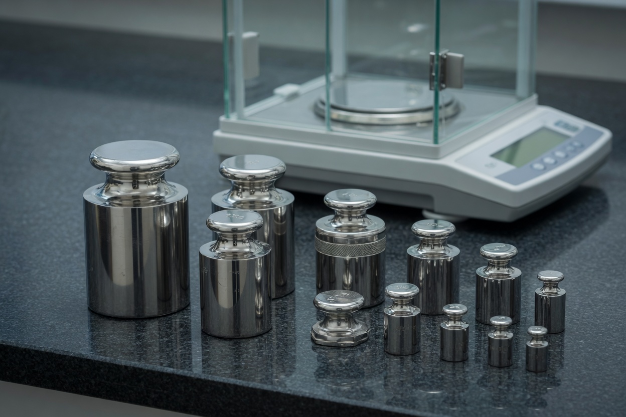Stainless steel calibration mass weights on a laboratory bench, with an analytical balance behind them