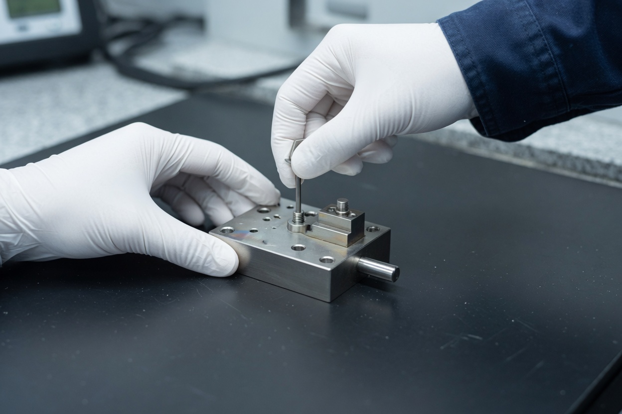 Gloved hands performing careful work on a stainless-steel fixture